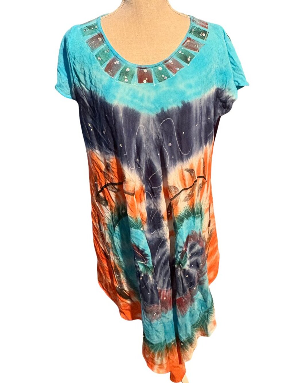 Rivera Sun Boho Tie Dye Tunic Dress Large Beaded Festival Beach Coverup